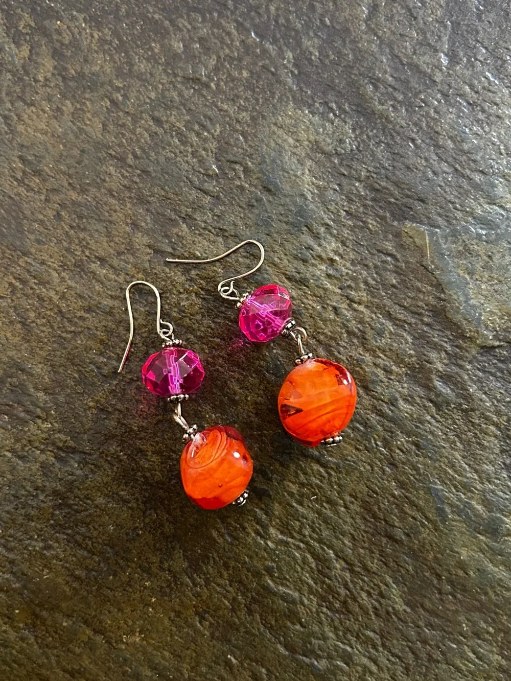 Vibrant Orange & Pink Glass Bead Drop Earrings